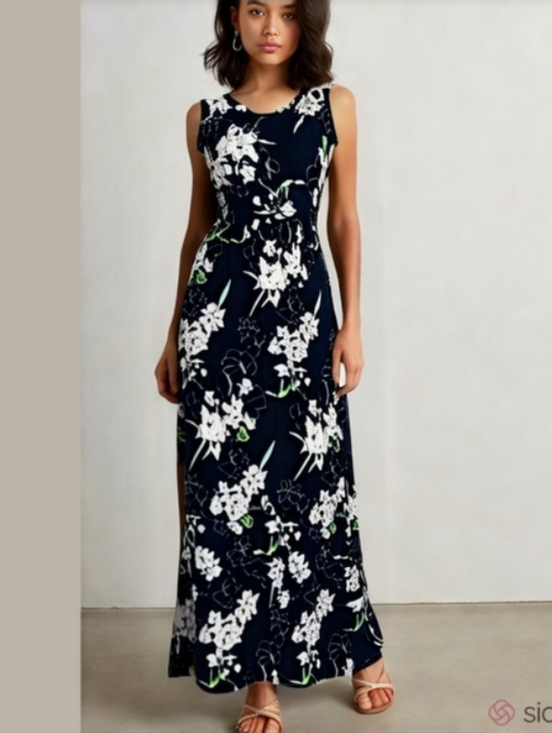 Auselily Dresses & Skirts - AUSELILY Blue Navy Garden Floral Maxi Soft Stretchy Modest Pocket Summer Dress